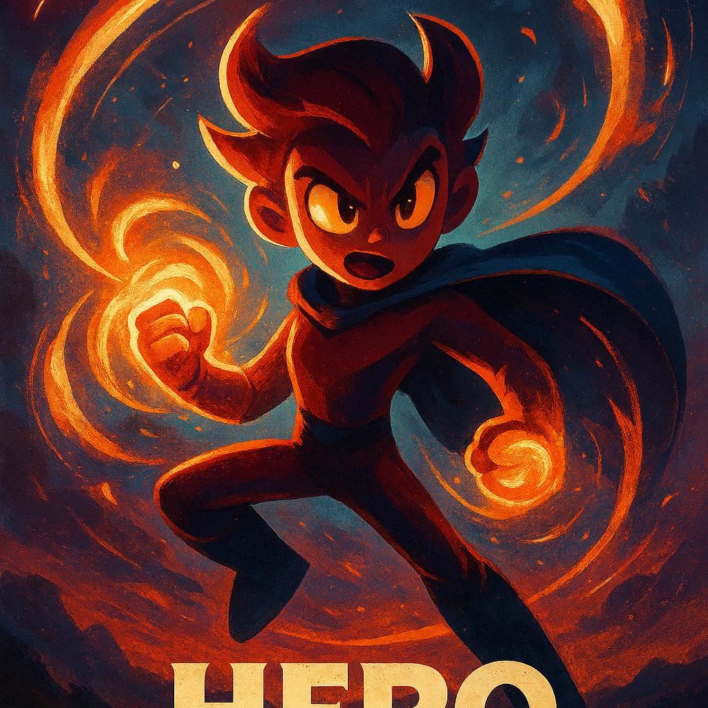Create a heroic movie poster featuring an original stylized character, not a realistic human. Use a bold, dynamic pose with dramatic lighting and high‑contrast colors. Render the hero in a semi‑cartoon, anime‑inspired, or 3D stylized look with clear expressive features but no realism. Add swirling energy, glowing effects, or abstract power elements around them. Include an epic, atmospheric background. No references to any existing hero IP.