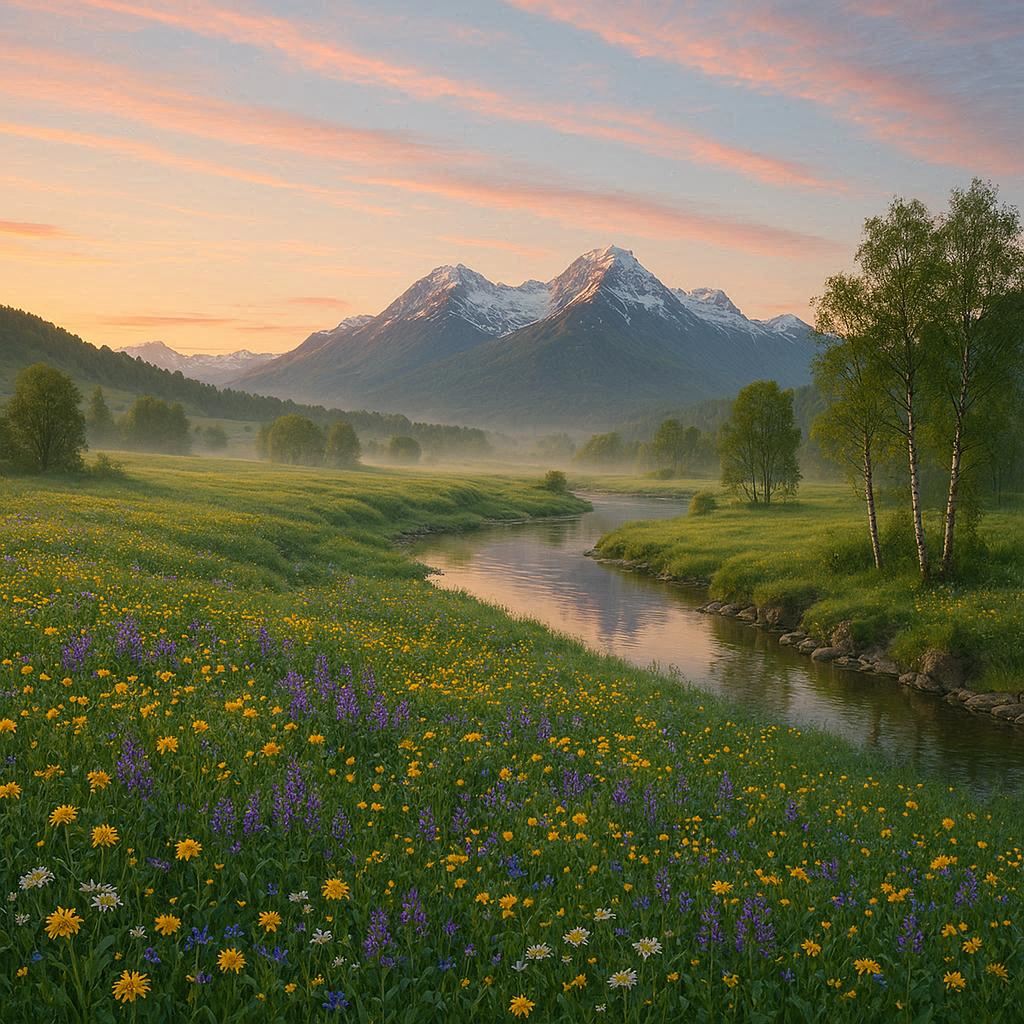A photograph of a serene dawn landscape across sweeping emerald meadows filled with a vibrant tapestry of wildflowers. A calm river meanders through the scene, mirroring the soft hues of the awakening sky, while majestic, snow-capped mountains rise in the distance. A gentle mist clings to the valley floor, bathed in the soft, golden light of the rising sun, with scattered birch trees lining the riverbank and rugged stone banks defining the waterways edge. The scene evokes a tranquil atmosphere, enhanced by a sky painted with delicate streaks of pink and orange clouds.