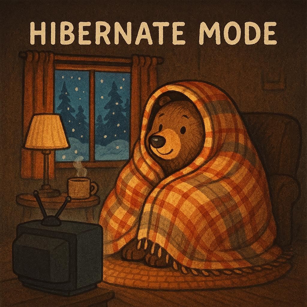 A cozy 1 by 1 winter scene captioned Hibernate Mode with a bear wrapped in a blanket watching TV.
